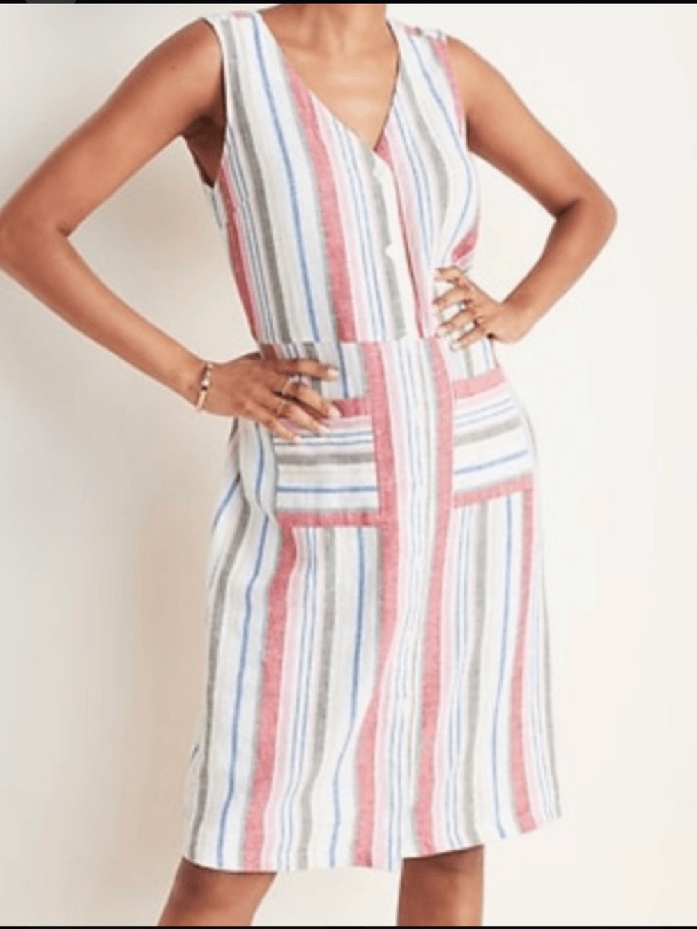 Old Navy - Striped Linen Button V-neck Dress - blue/pink/white/multi - size S